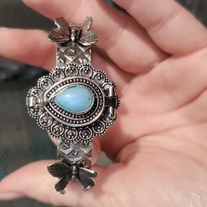 New Blue Rainbow Moonstone 925 Silver Butterflies Poison Cuff Bracelet.